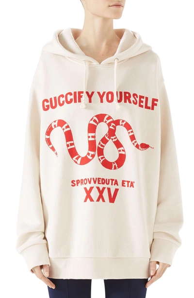 Shop Gucci Fy Yourself Snake Print Hooded Sweatshirt In Ivory/ Red