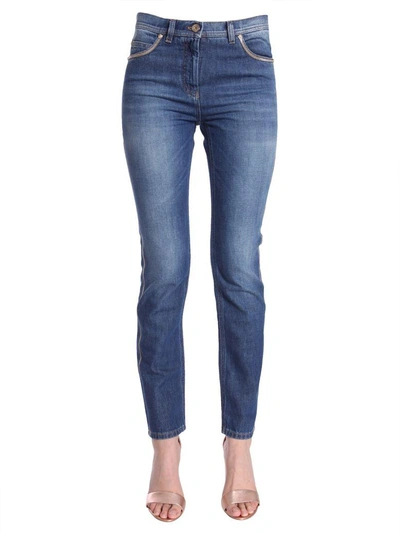 Shop Versace Low Waist Skinny Fit Jeans In Blu