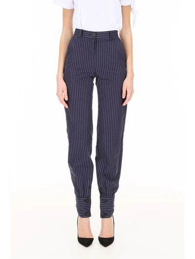 Shop Jw Anderson Pinstriped Cotton Trousers In Navy Off Whiteblu