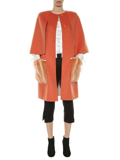 Shop Fendi Double Wool Coat With Fur Pockets In Arancio