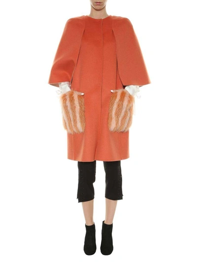 Shop Fendi Double Wool Coat With Fur Pockets In Arancio
