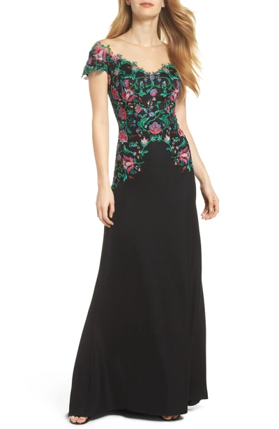 Shop Tadashi Shoji Embroidered Illusion Gown In Black Dahlia