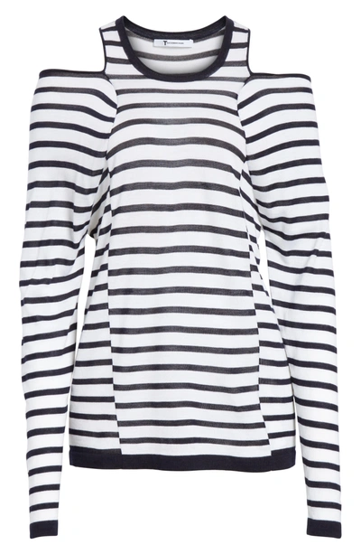 Shop Alexander Wang Wash & Go Cold Shoulder Merino Wool Blend Sweater In White / Navy Stripe