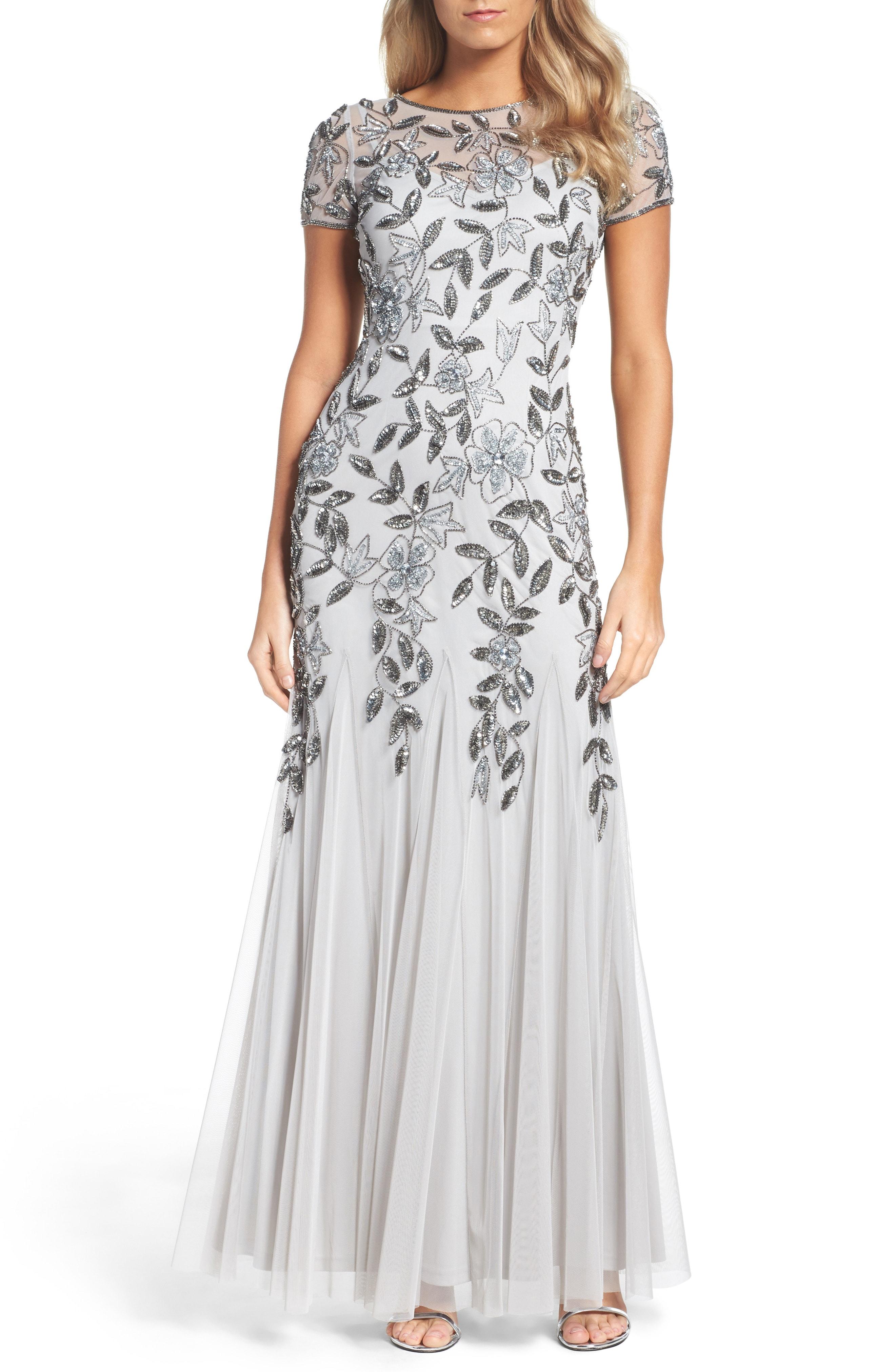Adrianna Papell Floral Beaded Trumpet Gown In Silver | ModeSens