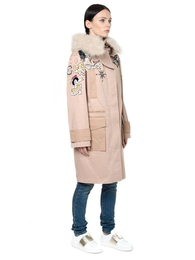 Shop Valentino Tattoo Embroidered Gabardine Parka In Camel-rose