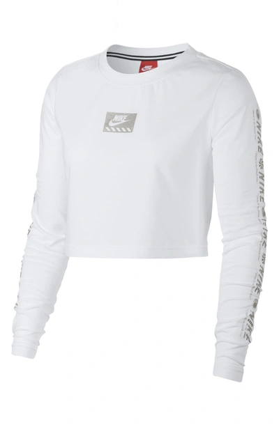 Shop Nike Sportswear Long Sleeve Crop Top In White/ Metallic Silver
