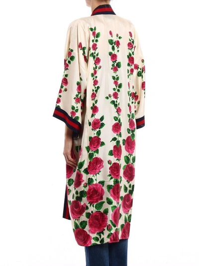 Shop Gucci Rose Garde Print Kimono Dress In Ivory-pink Prt-multi