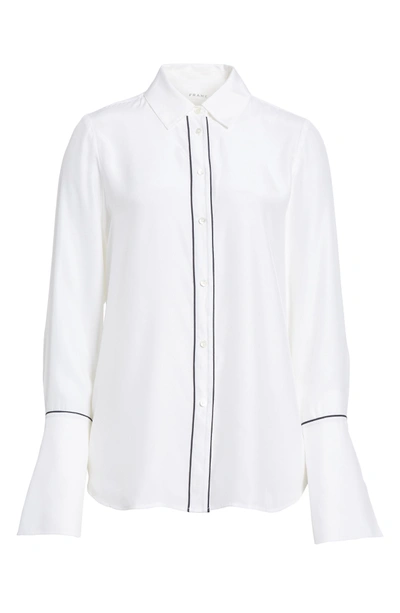 Shop Frame Long Cuff Silk Shirt In Blanc W/ Navy Piping
