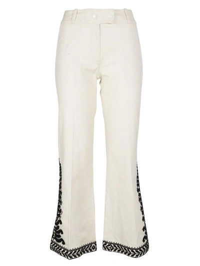 Shop Tory Burch Embroidered Flared Trousers In New Ivory