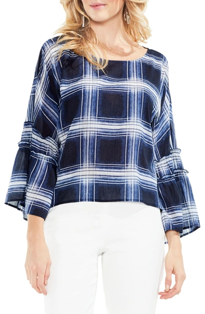 Shop Vince Camuto Shadow Plaid Pleated Sleeve Blouse In Rich Black