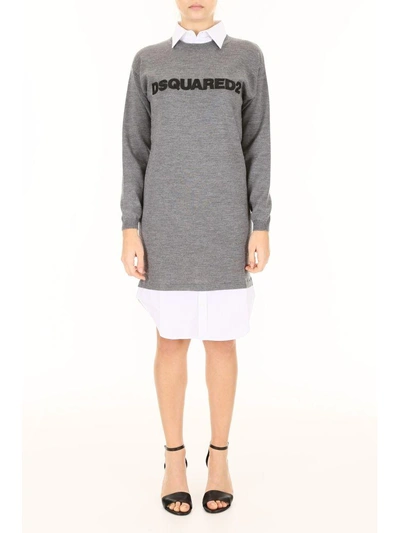 Shop Dsquared2 Wool And Cotton Dress In Grey Melange White (grey)