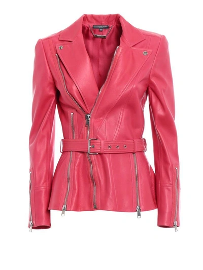 Shop Alexander Mcqueen Belt And Zip Biker Jacket In Lipstick Pink