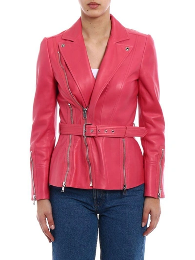 Shop Alexander Mcqueen Belt And Zip Biker Jacket In Lipstick Pink