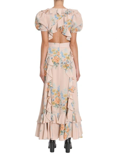 Shop Alexander Mcqueen Floral Print Ruched Silk Dress In Beige