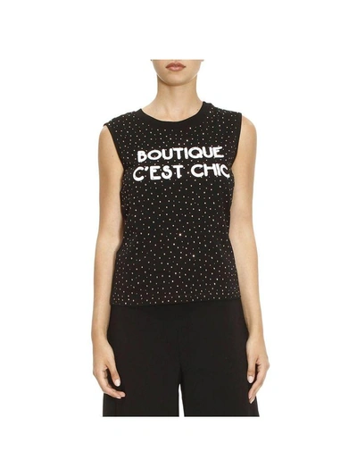 Shop Boutique Moschino T-shirt Sleeveless Shirt With Multi Rhinestones And Boutique Cest Chic Writing In Black