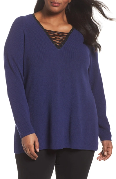 Shop Nic + Zoe A Little Edge Lace-up V-neck Sweater In Electric Blue