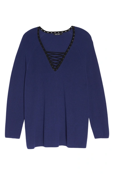 Shop Nic + Zoe A Little Edge Lace-up V-neck Sweater In Electric Blue
