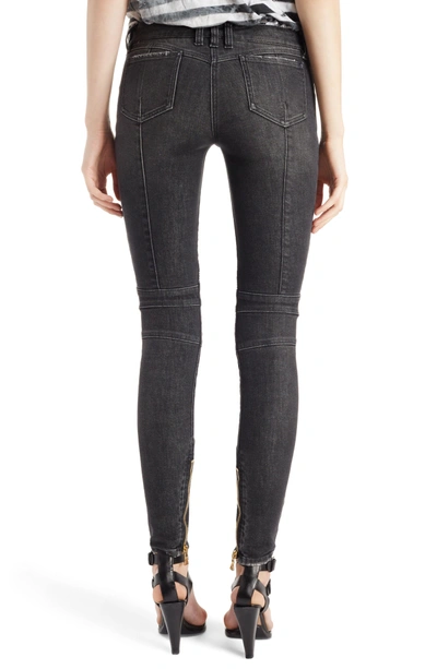 Shop Balmain Washed Moto Skinny Jeans In Grey