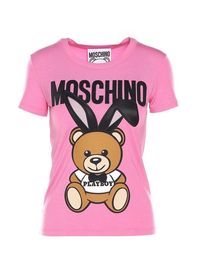 Shop Moschino Teddy Playboy Embroidered Jersey T-shirt In Rosa