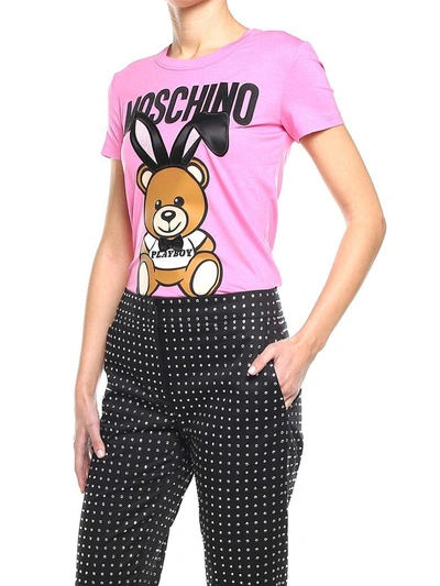 Shop Moschino Teddy Playboy Embroidered Jersey T-shirt In Rosa