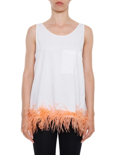 Shop Prada Jersey Tank Top With Feathers In Bianco+albicoccabianco