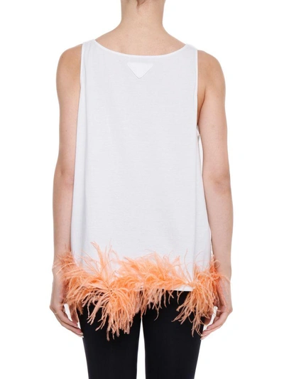 Shop Prada Jersey Tank Top With Feathers In Bianco+albicoccabianco