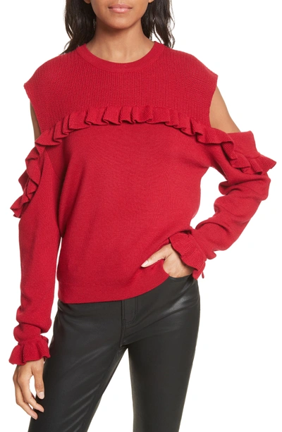 Shop The Kooples Ruffle Cold Shoulder Merino Wool Sweater In Red