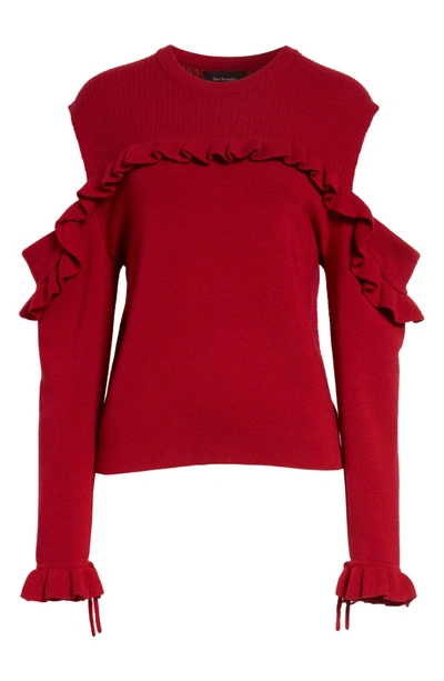 Shop The Kooples Ruffle Cold Shoulder Merino Wool Sweater In Red