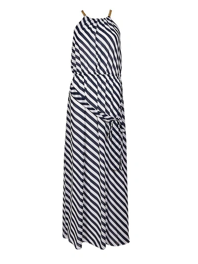 Shop Michael Kors Diagonal Print Chain Neck Maxi Dress In Navy/white