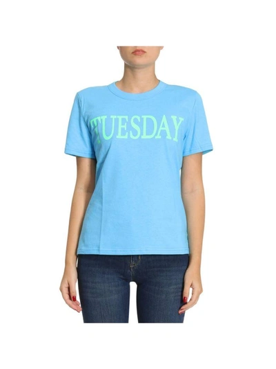 Shop Alberta Ferretti T-shirt Slim Fit Stretch Cotton T-shirt With Tuesday Rainbow Week Print In Gnawed Blue