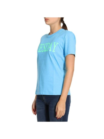 Shop Alberta Ferretti T-shirt Slim Fit Stretch Cotton T-shirt With Tuesday Rainbow Week Print In Gnawed Blue