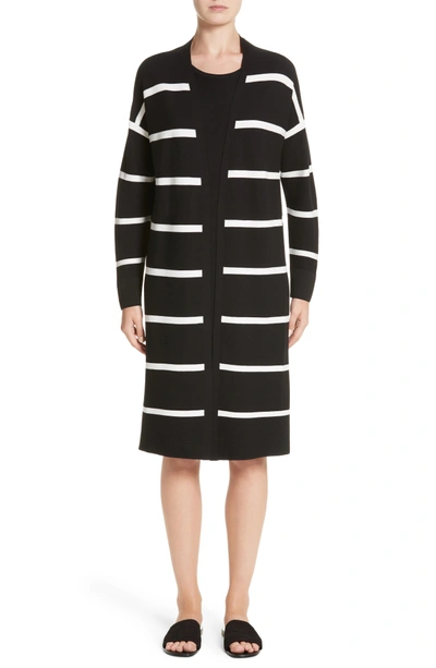 Shop Lafayette 148 Stripe Open Front Long Cardigan In Black/cloud