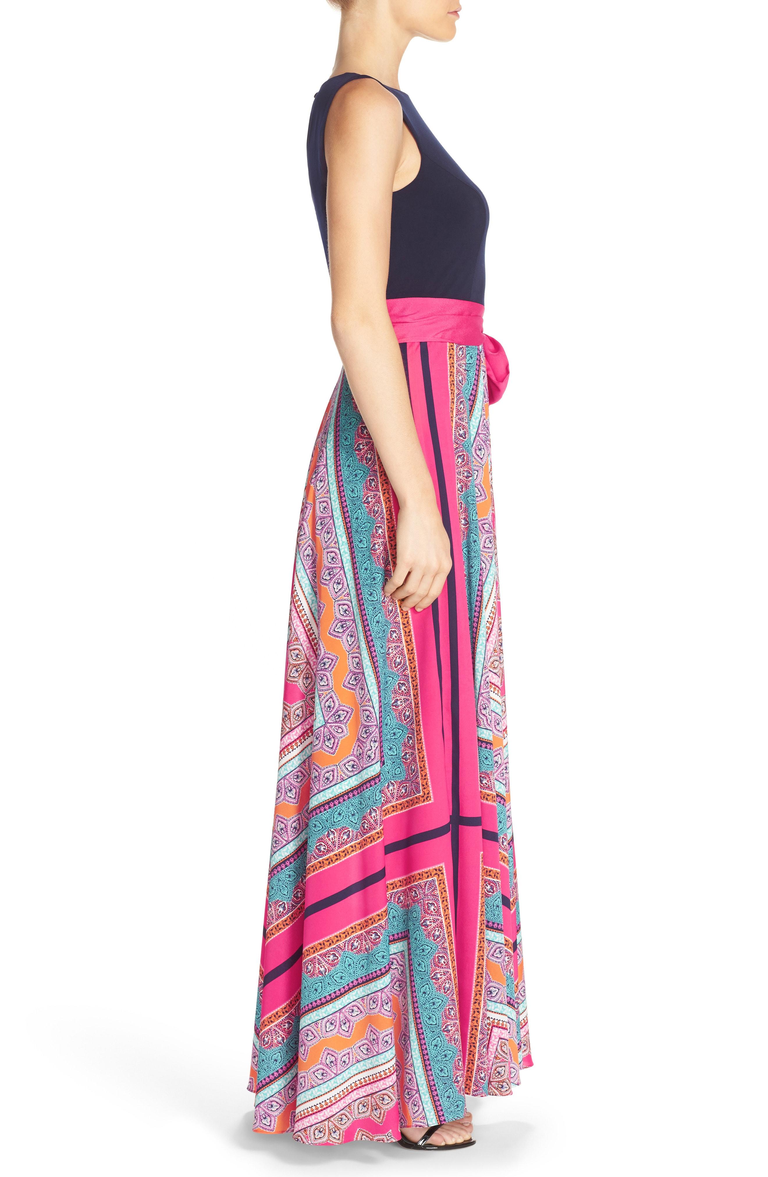 scarf print jersey & crêpe de chine maxi dress