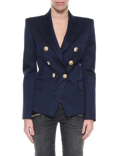 Shop Balmain Double-breasted Blazer In Blu