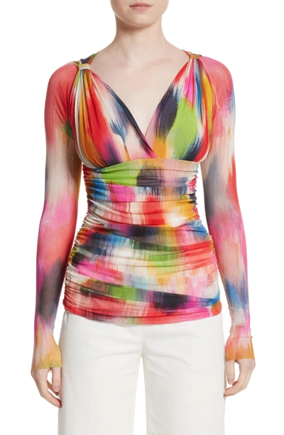 Shop Fuzzi Brushstroke Print Ruched Tulle Top In Multicolor