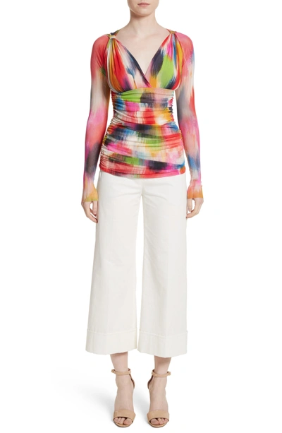 Shop Fuzzi Brushstroke Print Ruched Tulle Top In Multicolor