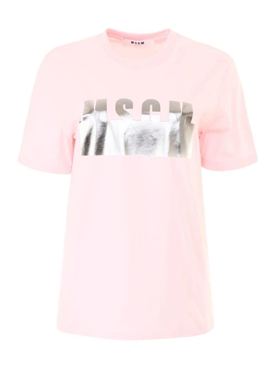 Shop Msgm Laminated Logo Print T-shirt In Rosarosa