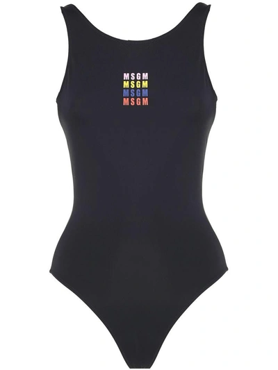 Shop Msgm Multi Logo-print Lycra Swimsuit In Black