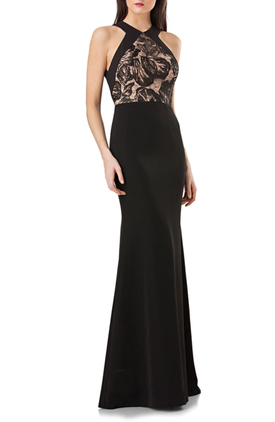 Shop Js Collections Js Collection Lace Front Halter Mermaid Gown In Black/ Nude