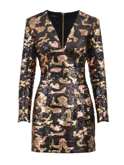 Shop Balmain Sequin Mini Dress In Marrone/oro