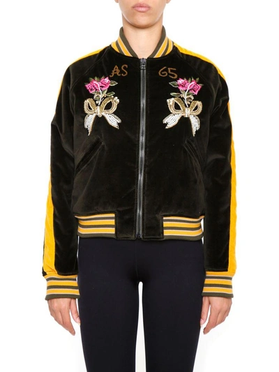 Shop As65 Bomber Jacket With Embroidered Panther And Flowers In Army Green/yellow|verde