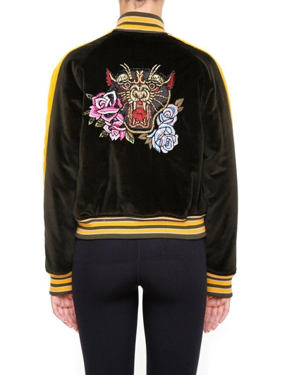 Shop As65 Bomber Jacket With Embroidered Panther And Flowers In Army Green/yellow|verde