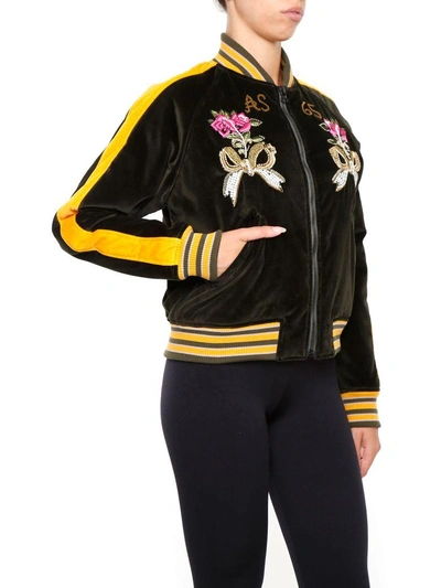 Shop As65 Bomber Jacket With Embroidered Panther And Flowers In Army Green/yellow|verde