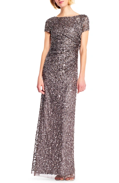 Shop Adrianna Papell Sequin Cowl Back Gown In Lead