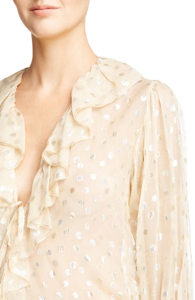 Shop Saint Laurent Metallic Dot Ruffled Georgette Blouse In Beige/ Or