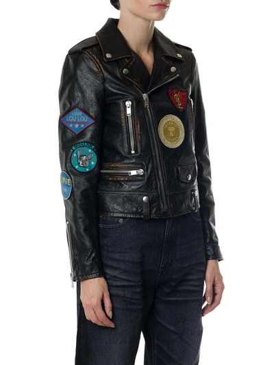 Shop Saint Laurent Motorcycle Jacket With Multicolored Patches In Black-cognac