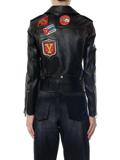 Shop Saint Laurent Motorcycle Jacket With Multicolored Patches In Black-cognac