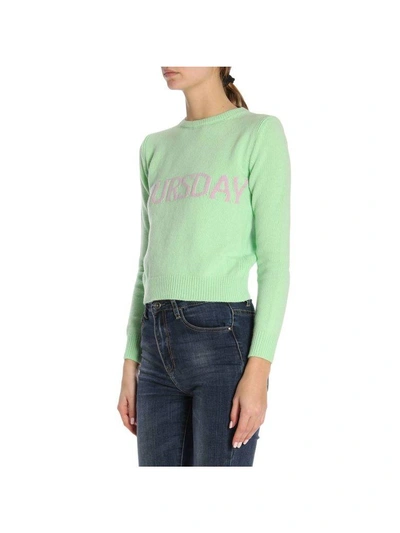 Shop Alberta Ferretti Sweater Slim Sweater Rainbow Week In Virgin Wool Blend With Thursday Lettering In Green