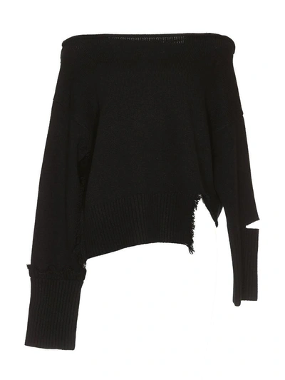 Shop Helmut Lang Distressed Off-shoulder Sweater In Black