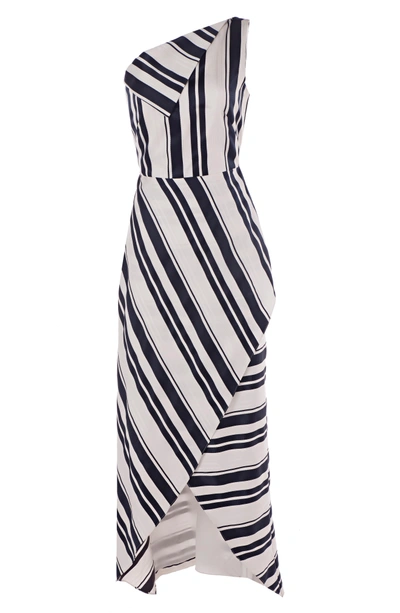 Shop Kay Unger One-shoulder Cross Front Maxi Dress In Navy/ White